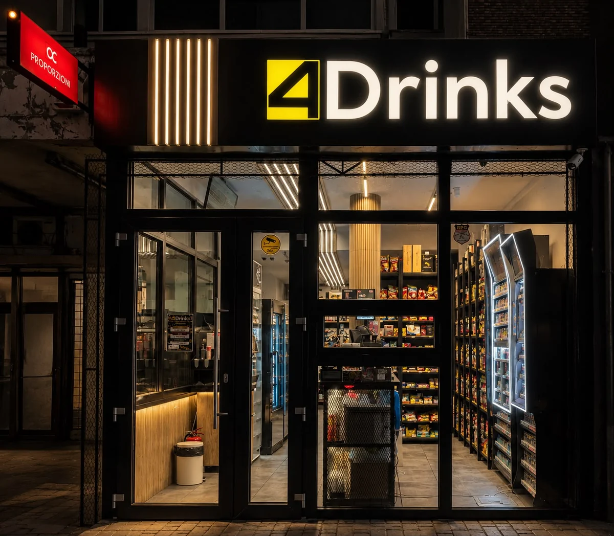 Fațada magazinului 4Drinks seara, cu firma luminată, Calea București 38, Craiova